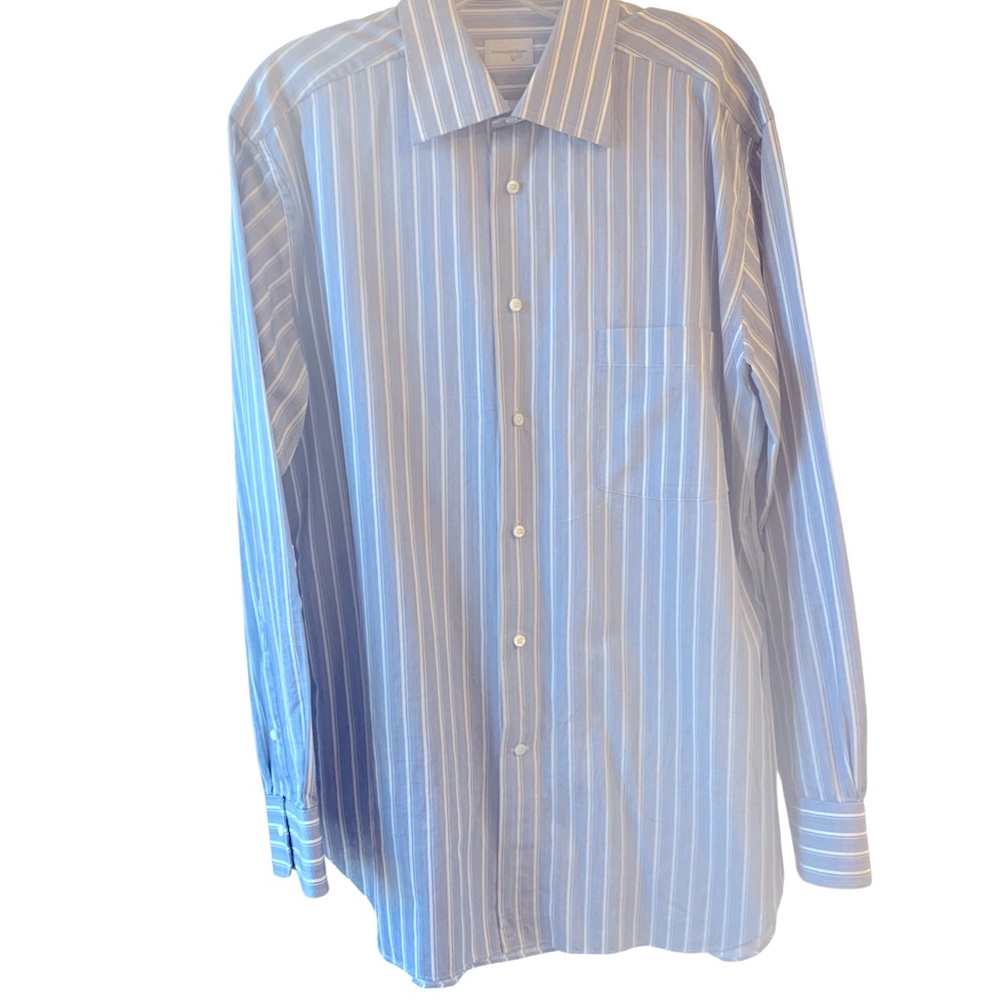 ERMENEGILDO ZEGNA MENS BUTTON DOWN SHIRT 16.5”/35 BLUE & WHITE STRIPE